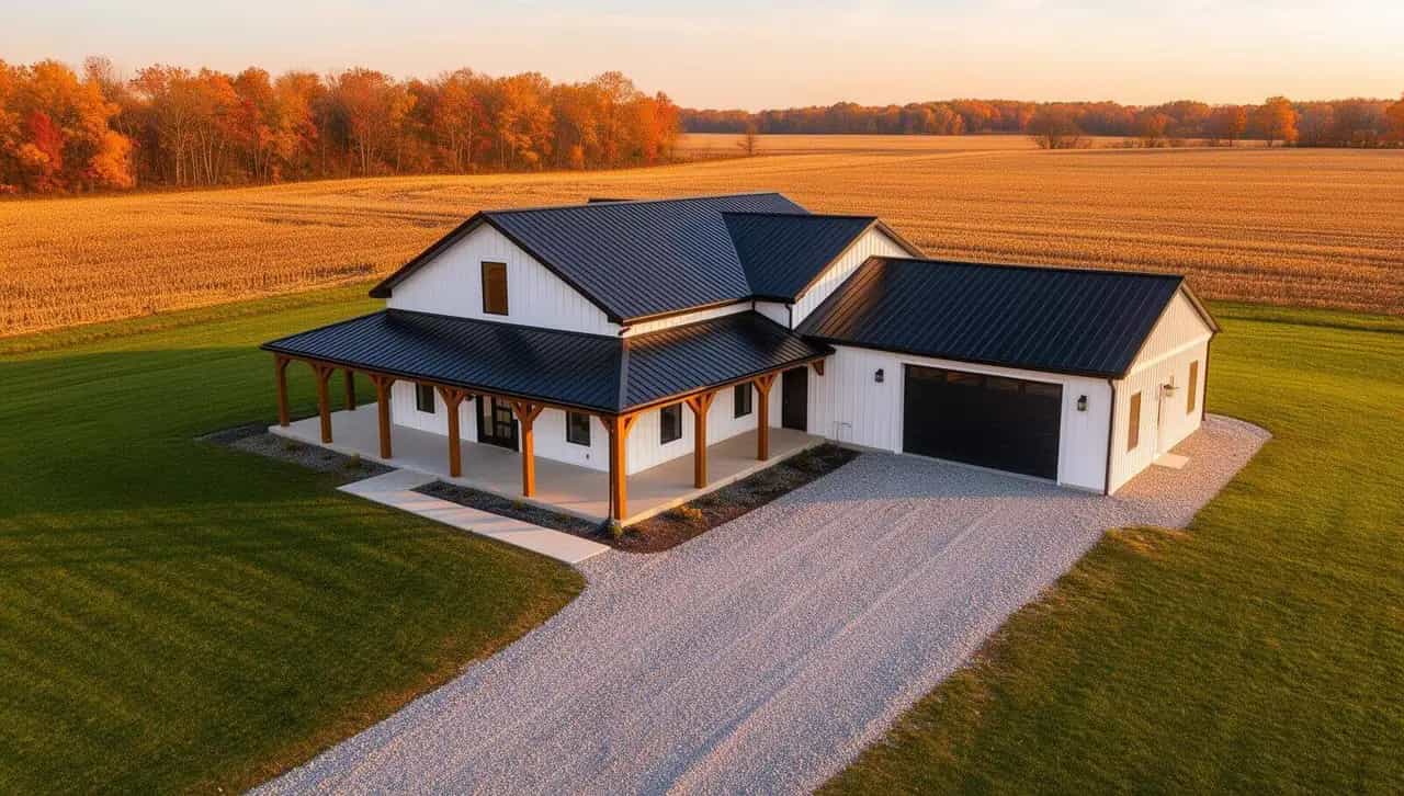 Rural construction site with freshly poured slab foundation at golden hour